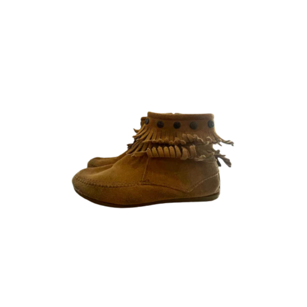 Used Minnetonka Womens Moccasins 697T - Double Fringe Side Zip | Brown | 8
