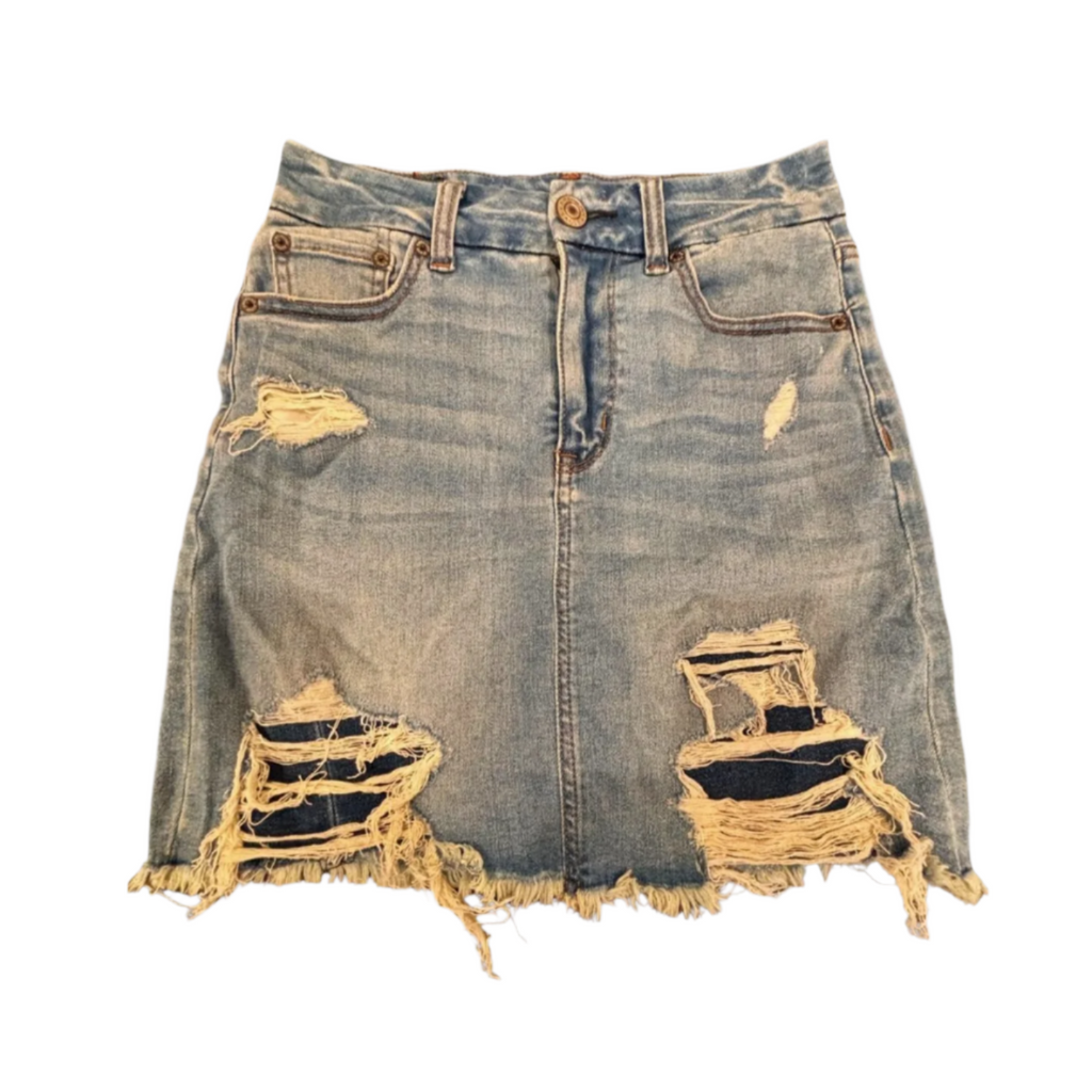 Used American Eagle Womens Denim Mini Skirt - Distressed - Next Level Stretch | Blue | 0