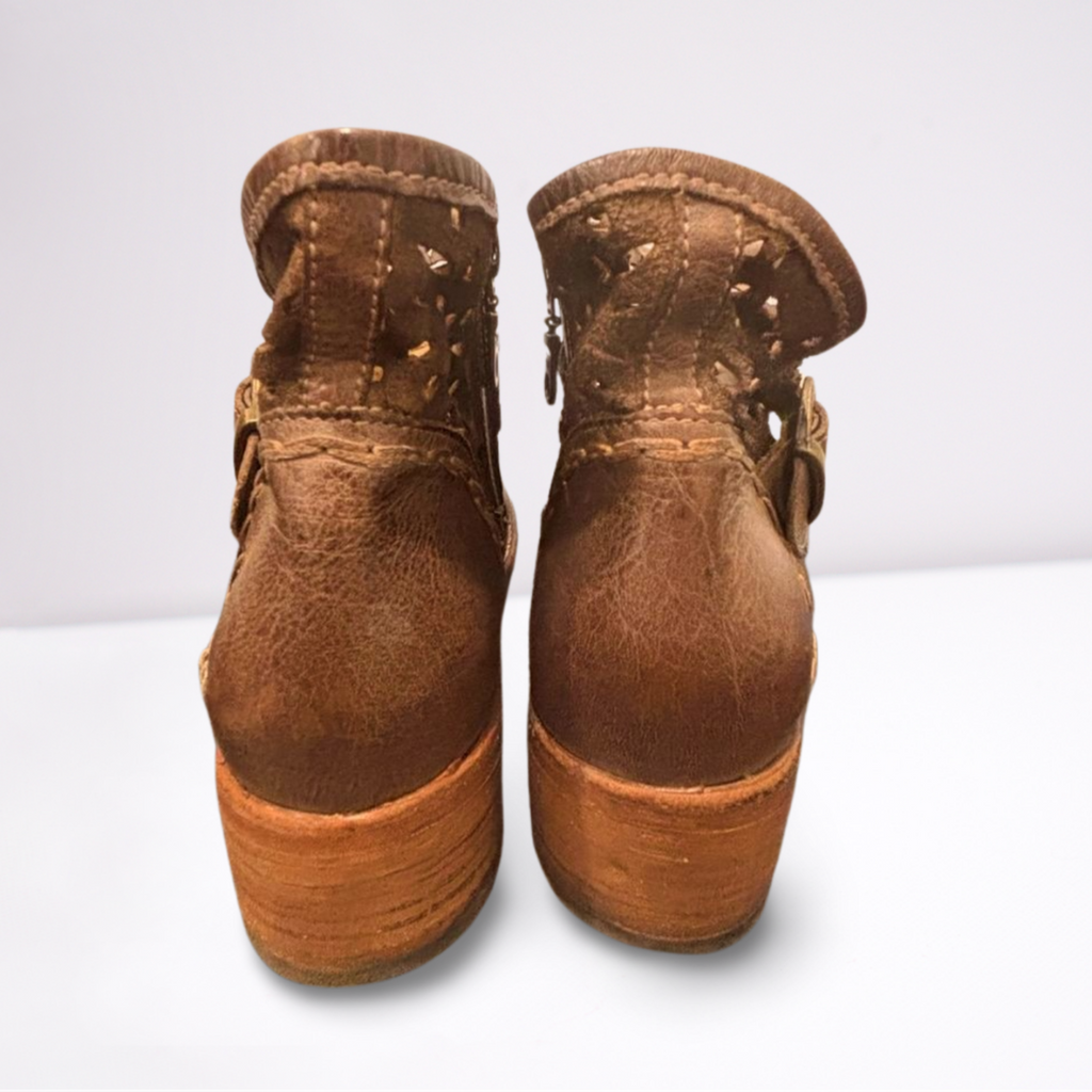 Used BED STU Womens Boots - Ankle-Zip Perforated Leather | Brown | 9