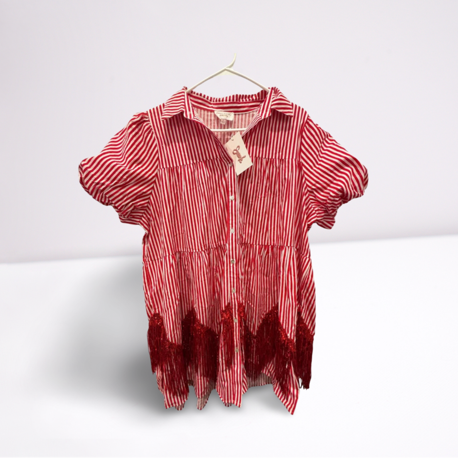 Used Fantastic Fawn Womens Dress - Sierra Fringe Babydoll | Red/White | Large