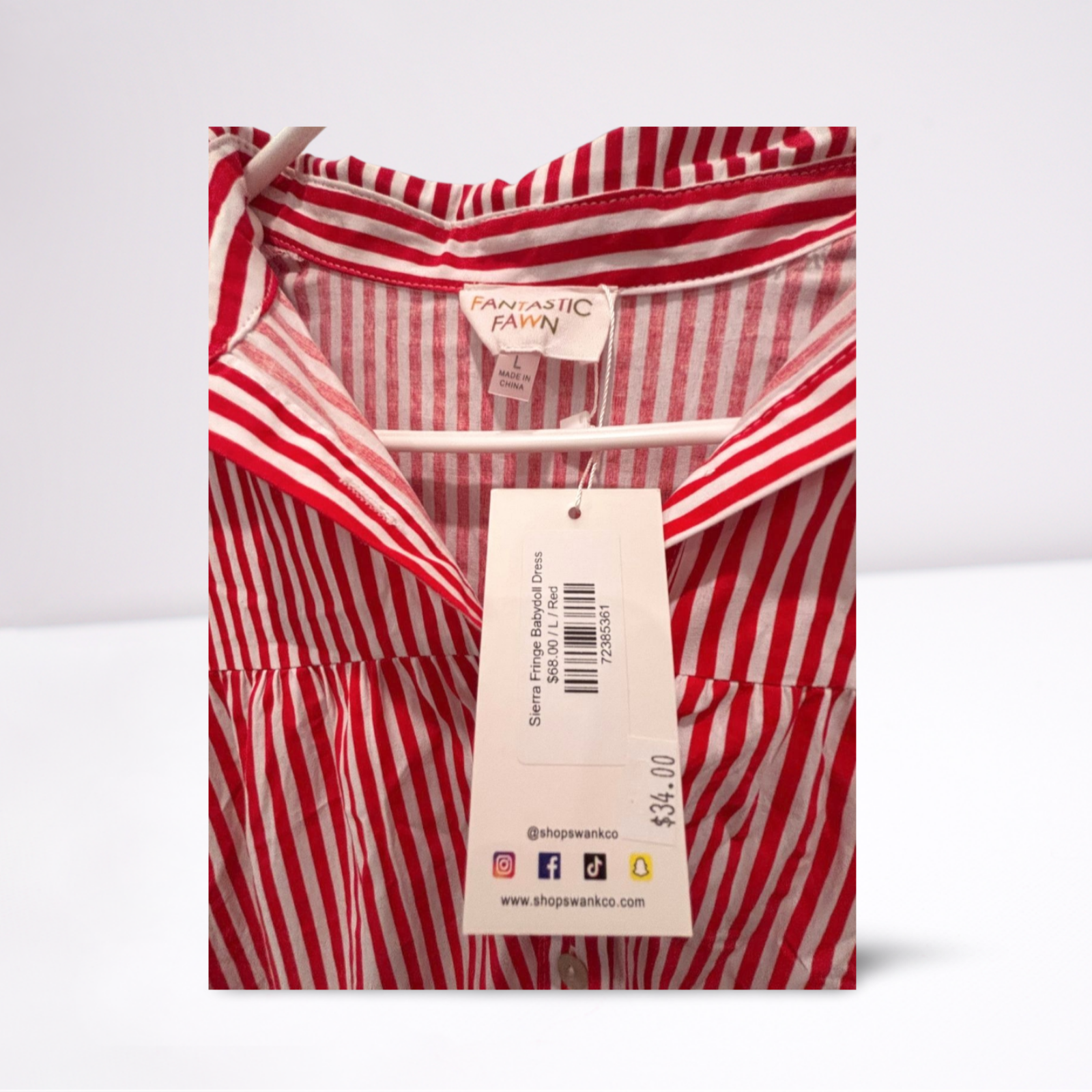 Used Fantastic Fawn Womens Dress - Sierra Fringe Babydoll | Red/White | Large