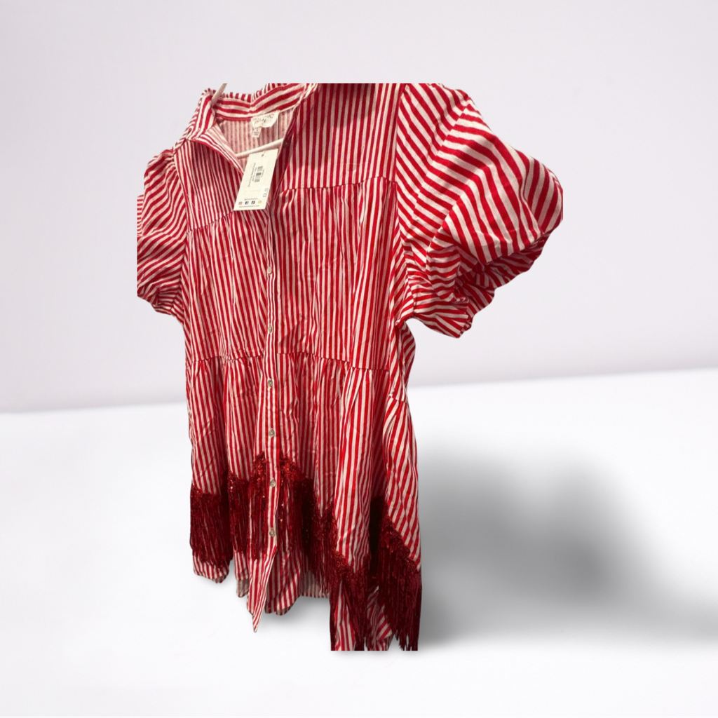 Used Fantastic Fawn Womens Dress - Sierra Fringe Babydoll | Red/White | Large
