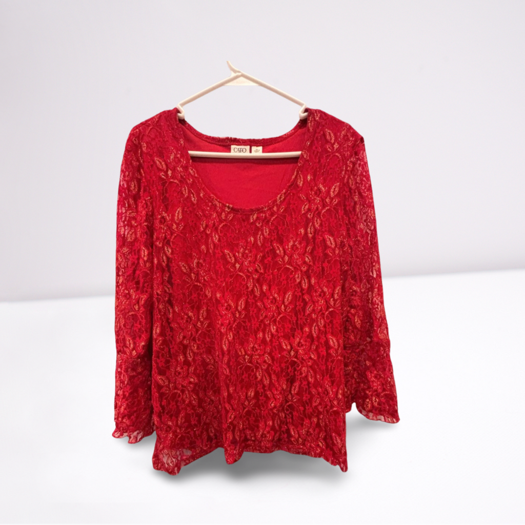 Used Cato Womens Ruffled Blouse - Lace Floral | Red | XL