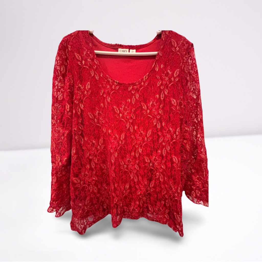 Used Cato Womens Ruffled Blouse - Lace Floral | Red | XL