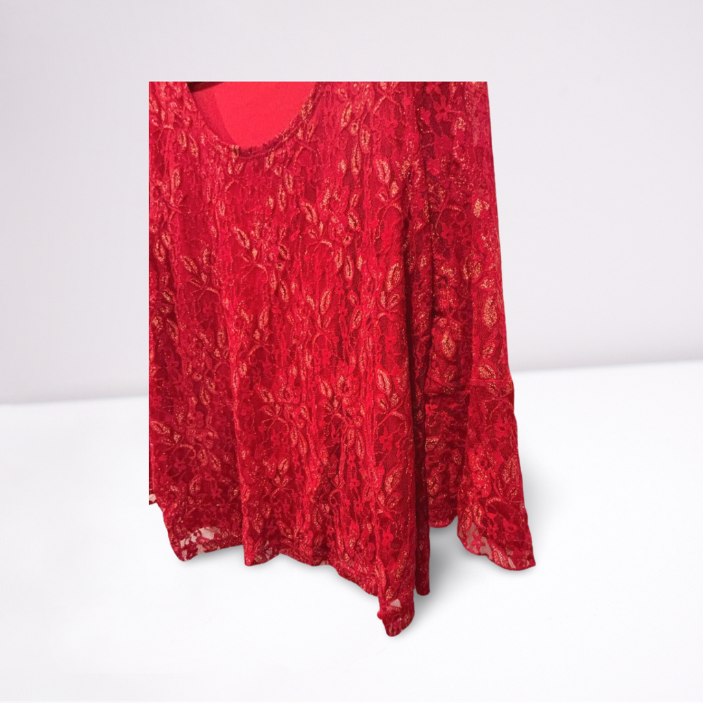 Cato Lace Floral Ruffled Blouse - Women - Red - Size XL - Very Good - Pic 6