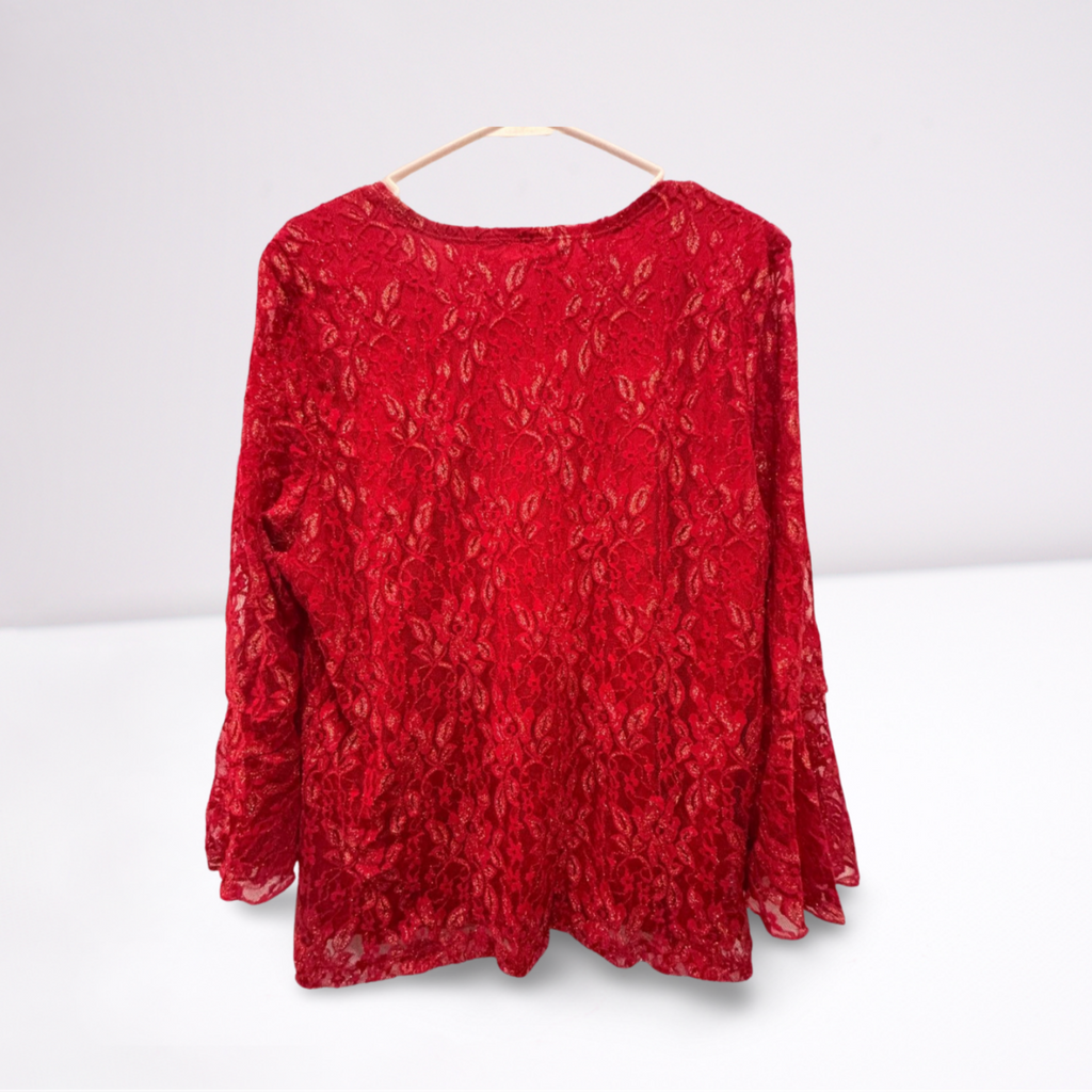 Used Cato Womens Ruffled Blouse - Lace Floral | Red | XL