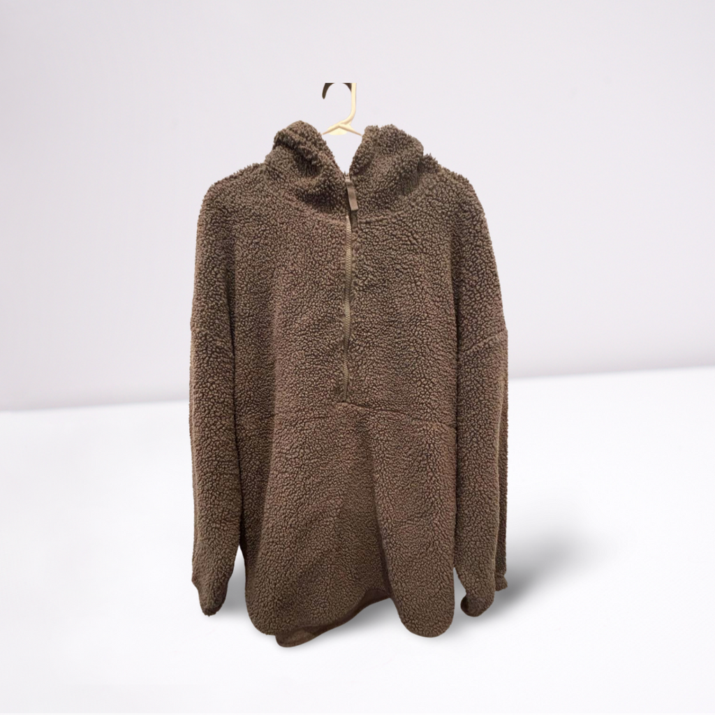 Getafterit Womens Pullover Quarter-Zip Oversized Fuzzy Hooded - Gray - XL - Very Good - Pic 1