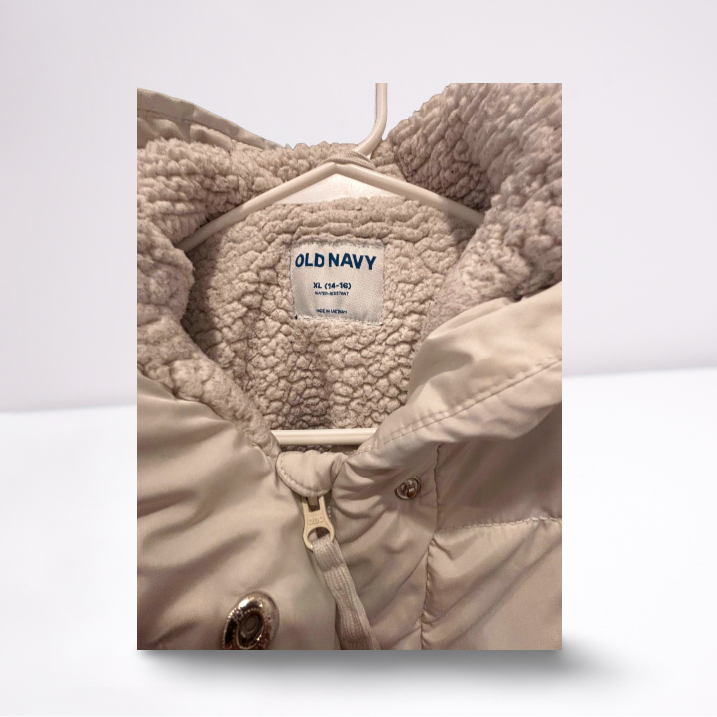 Old Navy Puffer Coat - Youth Girls - Off-White - Size XL  Hooded Insulated - Very Good - Pic 4