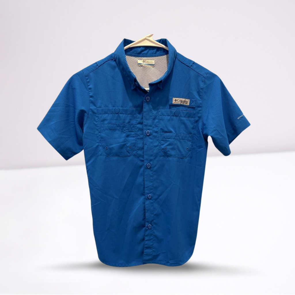 Columbia Youth Boys Short Sleeve Button Down Shirt Outdoor Fishing - Blue - Medium - Very good - Pic 1