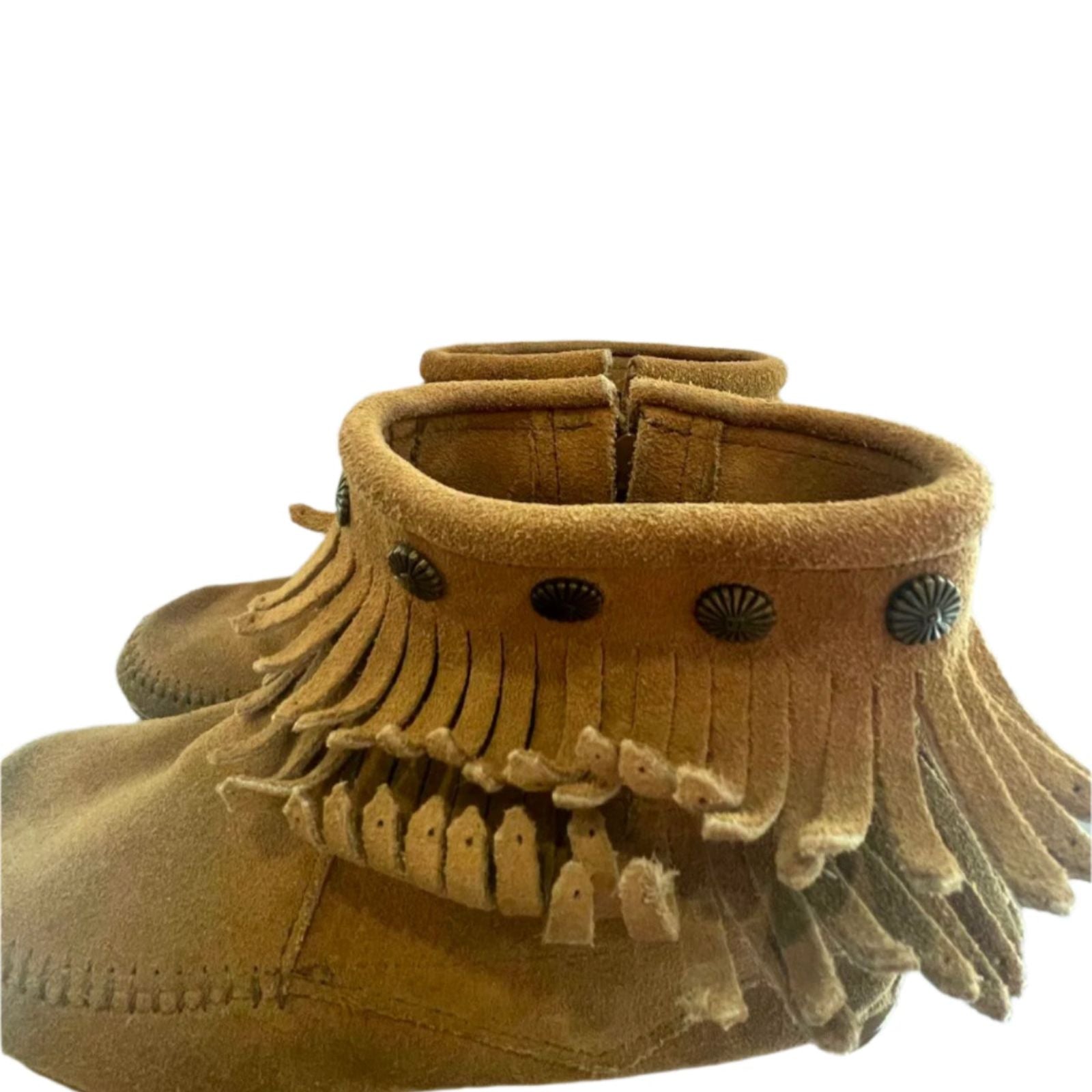 Used Minnetonka Womens Moccasins 697T - Double Fringe Side Zip | Brown | 8