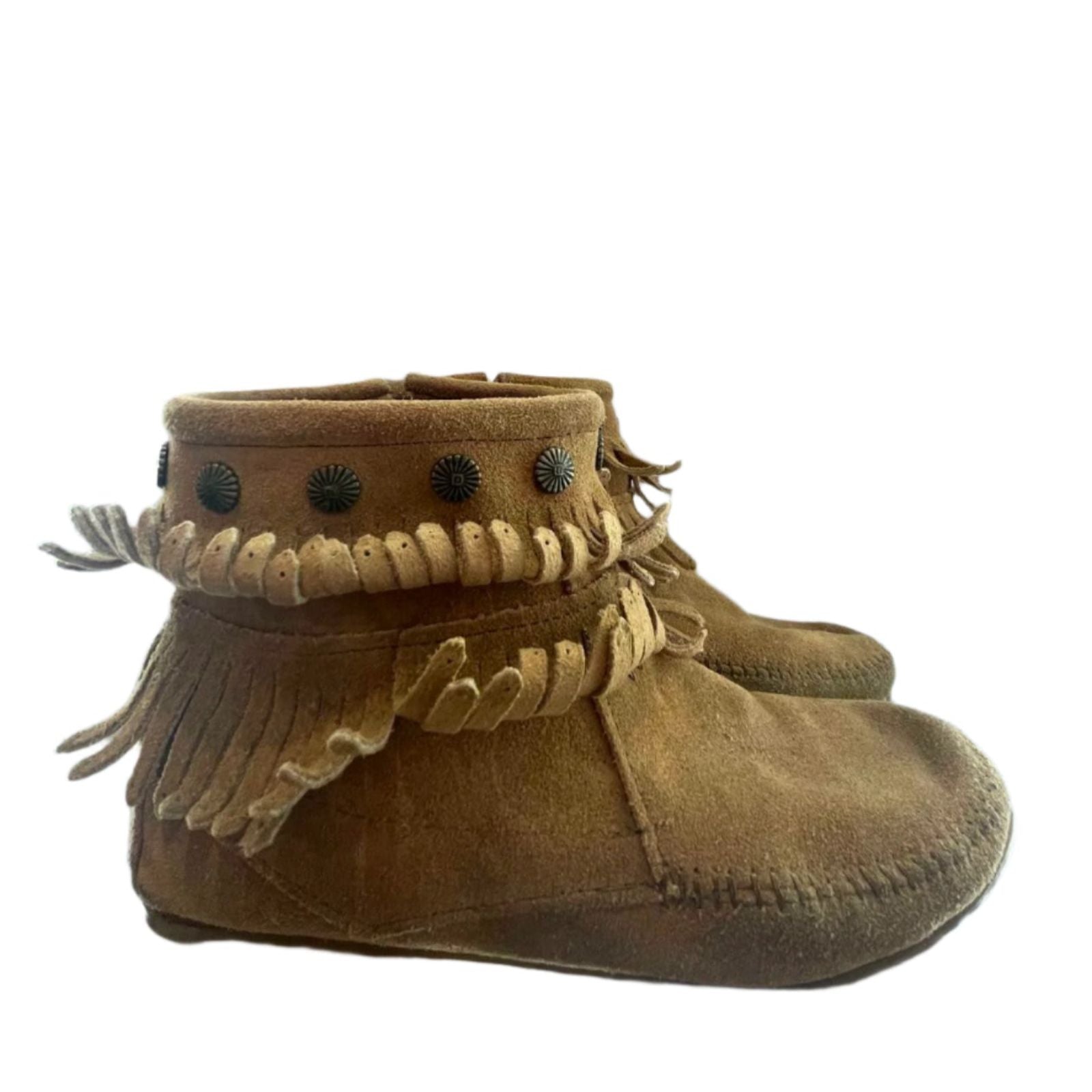 Used Minnetonka Womens Moccasins 697T - Double Fringe Side Zip | Brown | 8