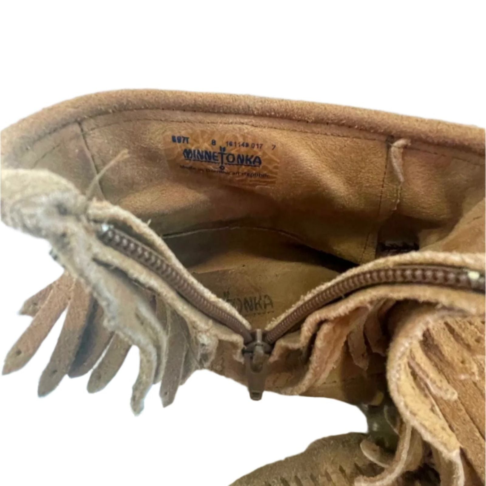Used Minnetonka Womens Moccasins 697T - Double Fringe Side Zip | Brown | 8