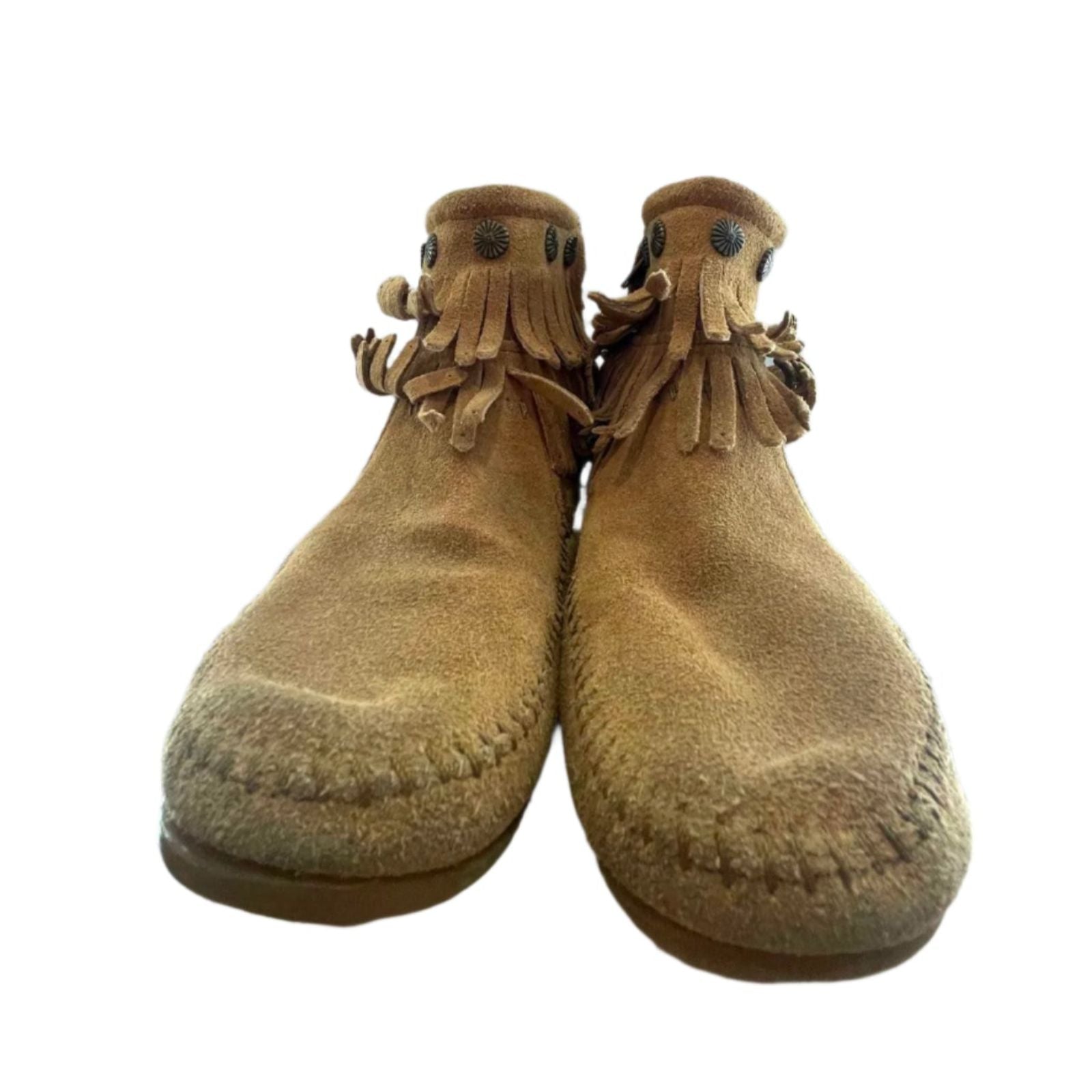Used Minnetonka Womens Moccasins 697T - Double Fringe Side Zip | Brown | 8