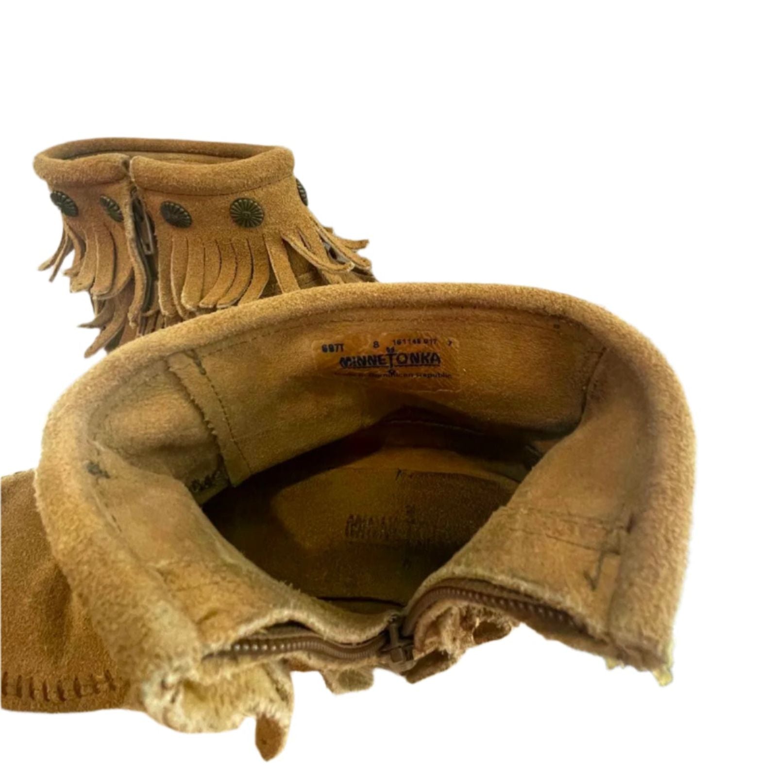 Used Minnetonka Womens Moccasins 697T - Double Fringe Side Zip | Brown | 8