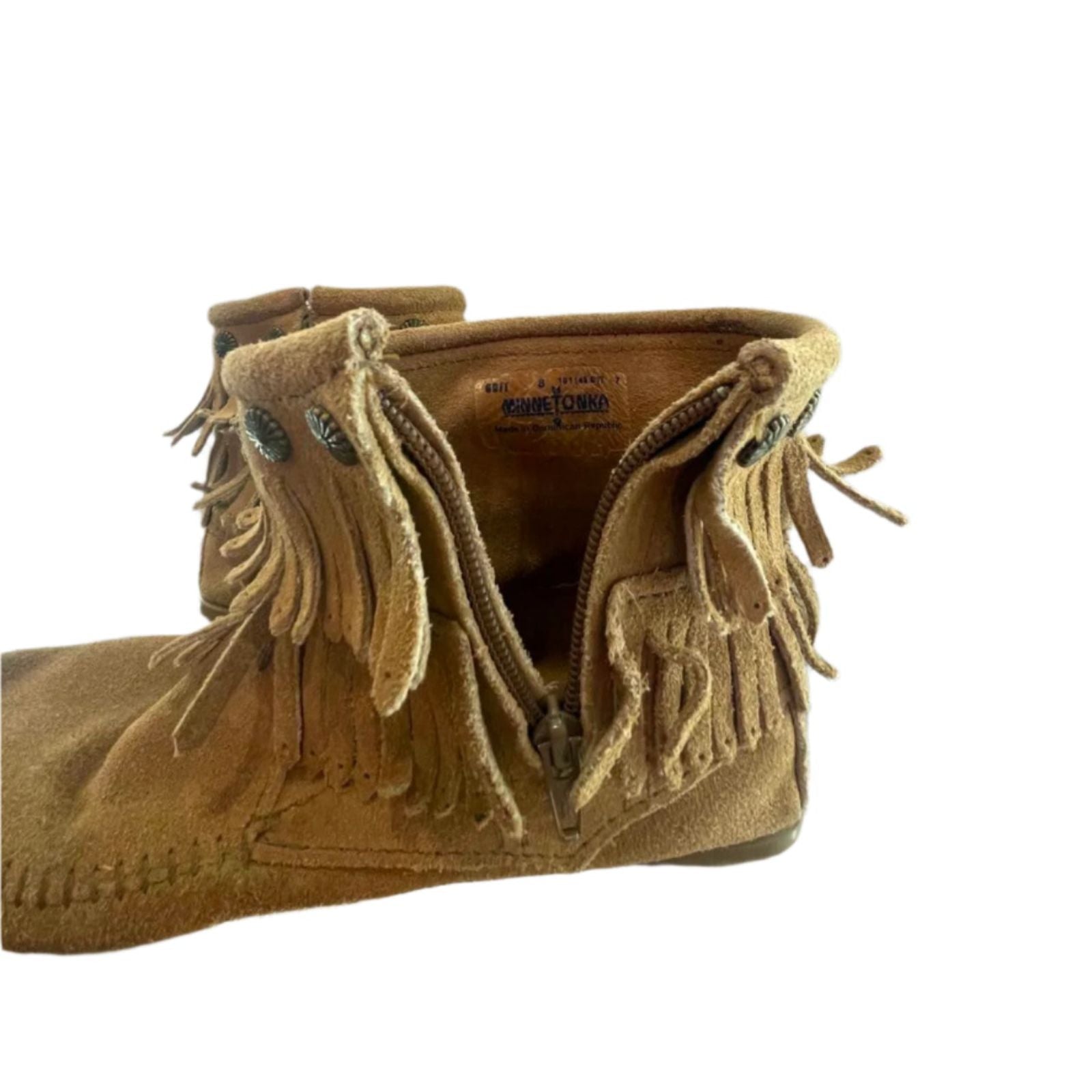 Used Minnetonka Womens Moccasins 697T - Double Fringe Side Zip | Brown | 8
