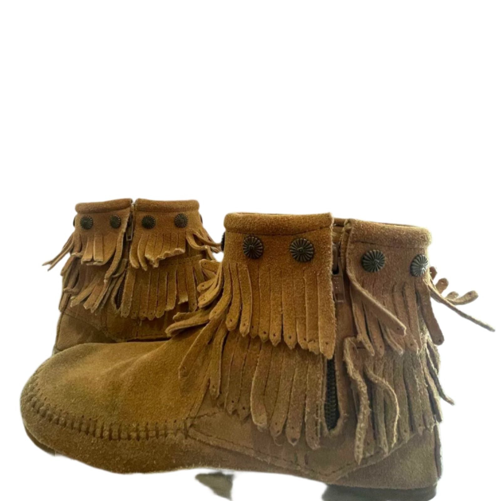 Used Minnetonka Womens Moccasins 697T - Double Fringe Side Zip | Brown | 8